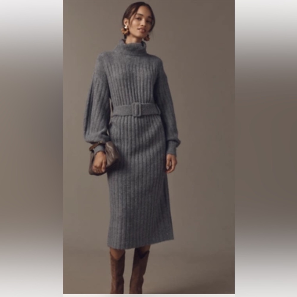 Anthropologie Gray Ribbed Turtleneck Belted Midi Sweater Dress